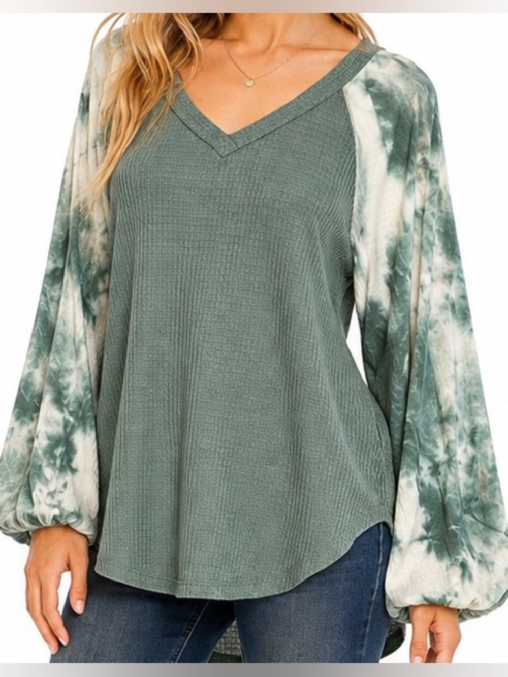 White Birch Sage Green Tie-Dye Dolman Sleeve Thermal V-Neck Top